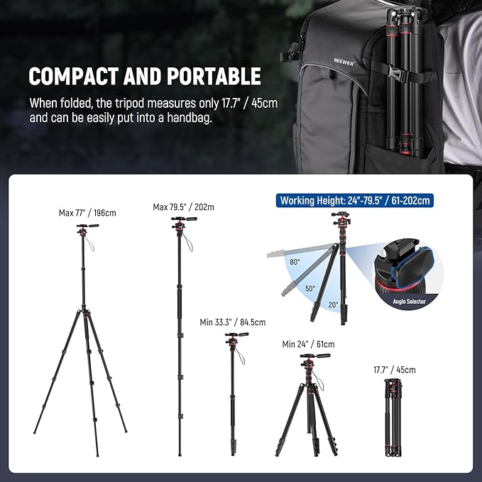 NEEWER Basics Camera Tripod Monopod, 77" Compact Lightweight Travel DSLR Video Stand, 360° Ball Head, Arca Type QR Plate, Reversible Legs & Inverted Central Axis, 13lb Max Load, TP08 - Image 3