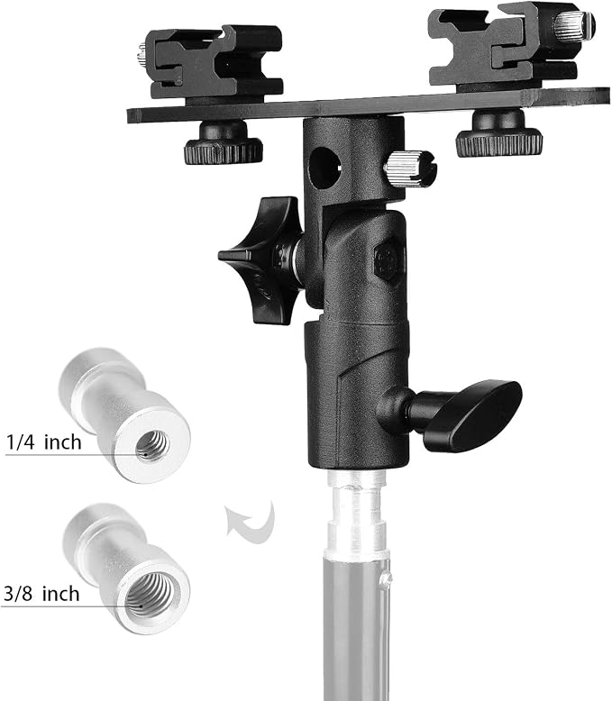 ChromLives Dual Flash Bracket Hot Shoe Speedlight Stand Umbrella Holder Light Stand Bracket Mount 1/4'' to 3/8'' Compatible with Studio Video DSLR Camera Canon Nikon Yongnuo - Image 4