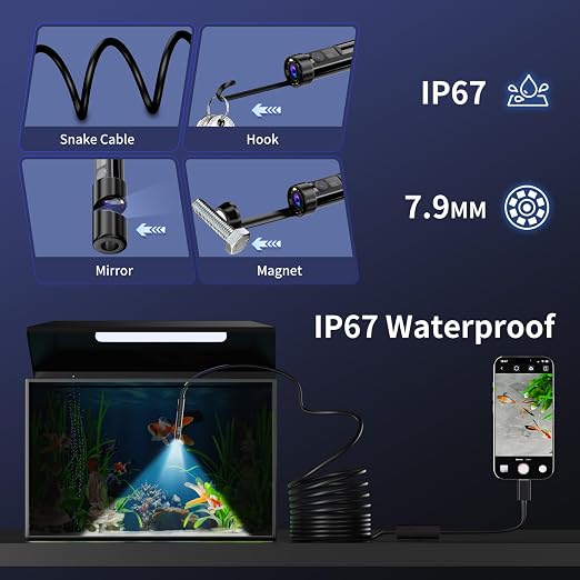 Endoscope Camera with Light, 1920P HD Borescope Inspection Camera | with 8 Adjustable LEDs, IP67 Waterproof Semi-Rigid Snake Cable for Android, iPhone, and iPad(32.8ft, Dual Lens) - Image 4