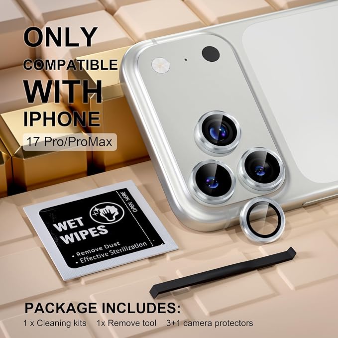 Misea Compatible for iPhone 17 Pro/iPhone 17 Pro Max Camera Lens Protector | 9H Tempered Glass Ultra HD Bling Camera Screen Protector Cover Metal Individual Ring Decoration Accessories, Silver - Image 2