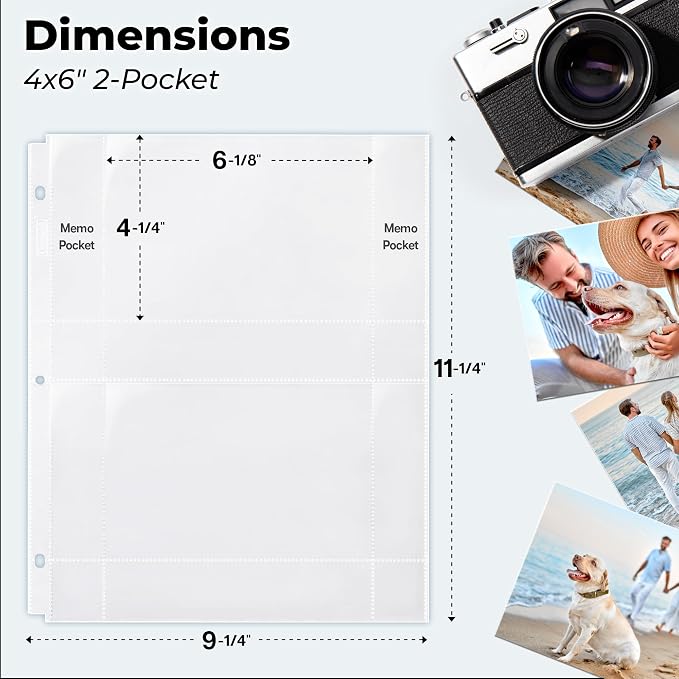 Dunwell 4x6 Photo Sleeves for 3-Ring Binder, (Horizontal, 25 Pack) for 100 Pictures, Each Sheet Holds Four 4 x 6 Pictures or Postcards, Acid-Free Poly Photo Album Refill Pages - Image 2