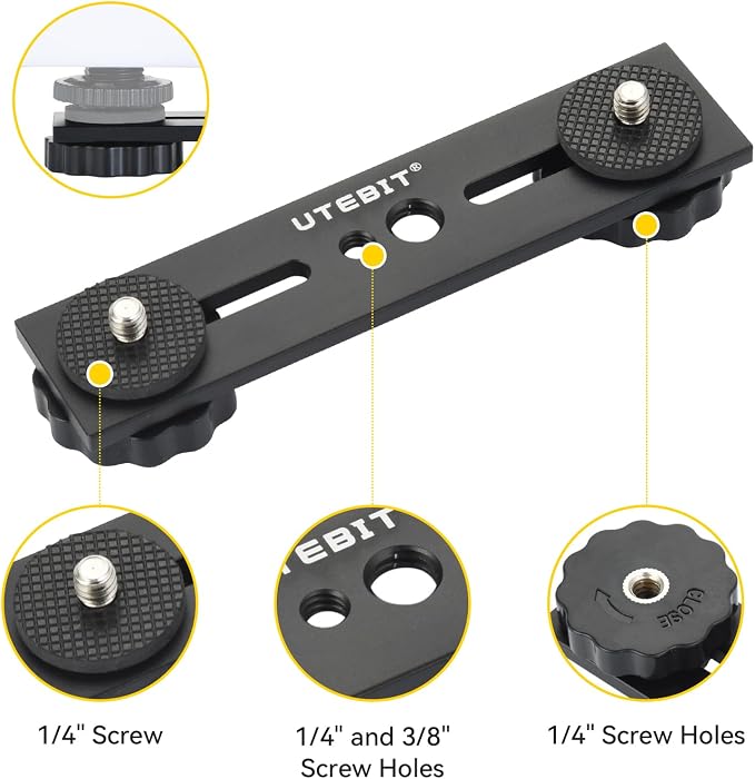 5 inch Flash Bracket with 1/4" Hot Shoe Mount, Black | Dual Camera Mount Flash Bracket Extension Bar with 1/4-3/8 Thread Hole Tripod Mount for Camera/LED Light/Microphone - Image 2