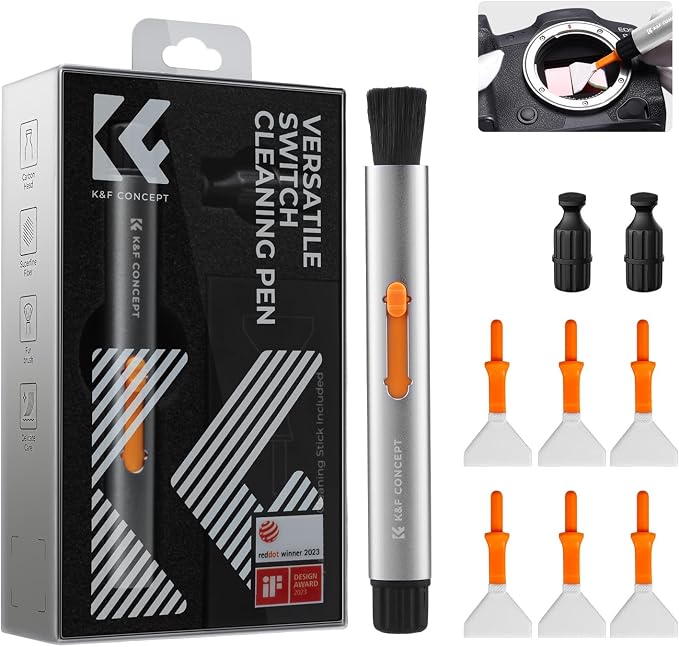 K&F CONCEPT Versatile Switch Lens Cleaning Pen for Camera Screen VR Glasses | 24mm Full-Frame Swab X6,Suede Carbon Head X2,Soft Brush,Aluminum Alloy Pen Body,Individually Packed,Portable and Hygienic by KFCONCEPT
