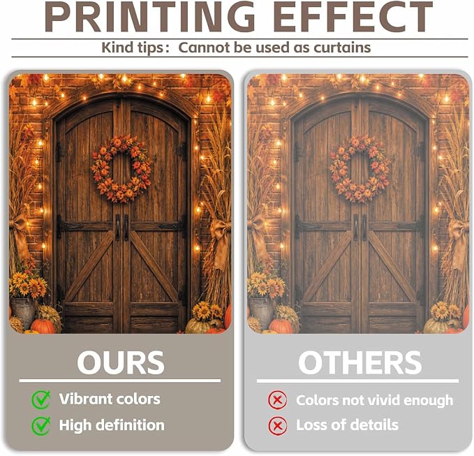 Rustic Barn Wooden Door Fall Backdrop 10x10ft Brick Wall Maple Leaf String Light Thanksgiving Background Pumpkin Sunflower Haystack Harvest Autumn Famliy Party Decorations Vinyl - Image 3