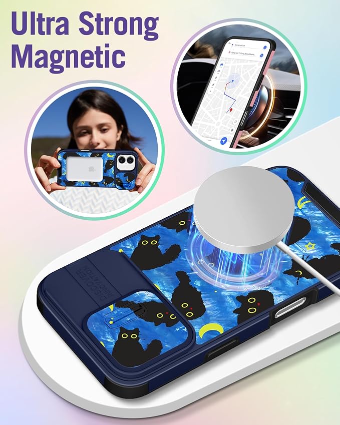 Buleens for iPhone 17 Case 6.3 Inch - with Ring Stand & Camera Cover Aesthetic Cute Designed for Women Girls Girly Kawaii Blue Cat Stars Teen Phone Case for iPhone 17 Compatible with Magsafe - Image 4