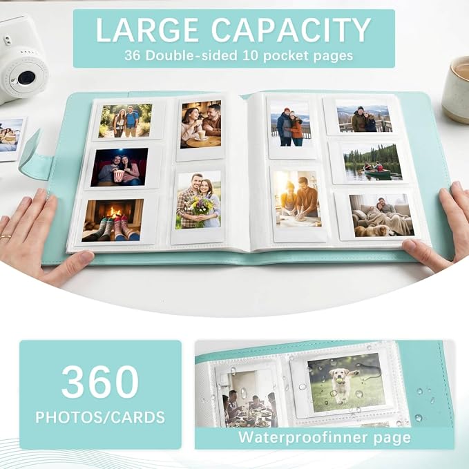 Photo Album, Hold 360 Instant Mini Photos, Acid-free, PU Leather | for Fujifilm Instax Mini Photo - Polaroid mini pictures, for Wedding, Anniversary, Family or Travel Records, Green - Image 3