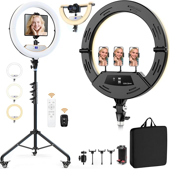 18" Foldable Ring Light with Stand for iPhone ipad Camera, 75" Tripod with Wheels 38W 6500K LED Display/Remote/2 USB Ports Large Big Ringlight Rolling for YouTube Facebook TikTok Live Video Recording by MACTREM