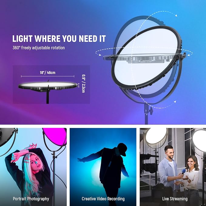 NEEWER 18" RGB LED Round Panel Video Light with APP Control, 65W 6000Lux/0.5m 2500K-8500K RGBCW Photography Studio Lighting /18 Scenes/V Battery Powered for Outdoor Filming Recording Streaming, GR18C - Image 8