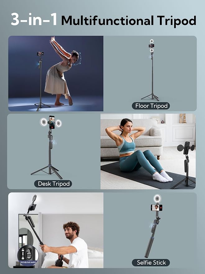 70.9" Auto Face Tracking Tripod 360° Rotation w/Light(UTK-02) | Phone Tripod for iPhone & Android,No App Needed,w/ Remote Control,Gesture Control,LED Light,1/4"Screw Mount,Video Recording - Image 5