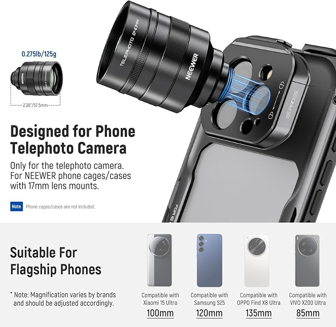 NEEWER 2X Converter for Phone Camera Telephoto Lens Only, 240mm Teleconverter 7 Elements in 5 Groups, 17mm Thread Compatible with NEEWER Phone Cage iPhone Android Samsung Xiaomi, LS-79 - Image 4