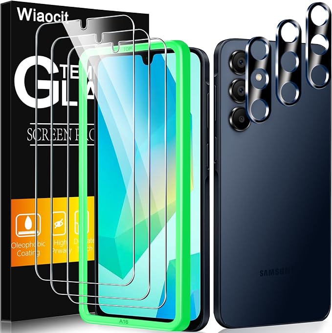 Wiaocit Tempered Glass Screen Protector for Samsung Galaxy A16 5G | 3+3 Pack, 9H Hardness, Camera Lens Protector, Installation Frame, Bubble Free, Case Friendly by Wiaocit