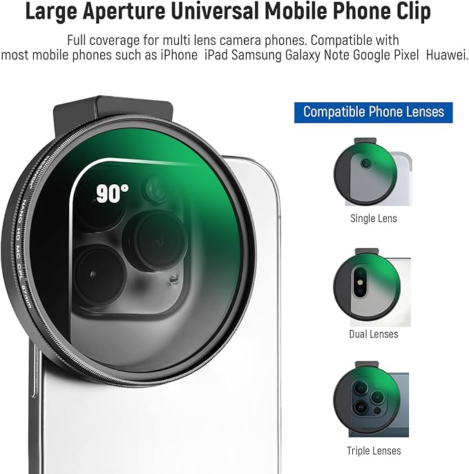 NEEWER 67mm CPL Filter for Phone, Circular Polarizing Camera Lens Filter with Cold Shoe Clip Compatible with iPhone 17 16 16e 15 Pro Max Plus 14 13 Android Samsung Galaxy S25 Ultra, FL-27 - Image 3
