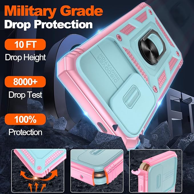 Gritup Fit for Samsung Galaxy S25 Case with Slide Camera Cover | 2 Pcs Screen Protector, Build in 360° Rotating Ring Kickstand, Military Grade Protective Phone Case, Green+Pink - Image 3