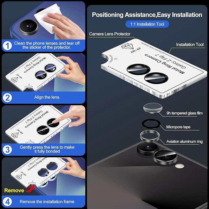 for Samsung Galaxy Z Flip 7 Camera Lens Protector, Individual Metal Ring Tempered Glass Lens Cover, [Strong Adsorption] Scratch Resistant Ultra-Thin HD Clear Lens Cover, 1 Set-Black Ring - Image 6
