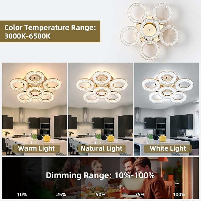 Modern Ceiling Light, 6 Rings 17.7'' Dimmable LED 60W Flush Mount Ceiling Lights with Remote Acrylic Crystal Round Ceiling Light Fixture, Bedroom Living Room Dining Room, Gold - Image 2