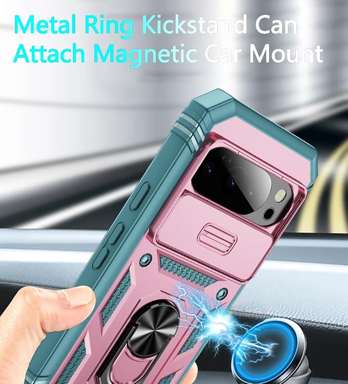 Case for Google Pixel 10 Pro XL/Pixel 9 Pro XL, with 3 Pcs Tempered Glass Screen Protector Built in Ring Stand Kickstand + Camera Cover, Hard PC Soft TPU Defender Full Body Protective Case -Pink/Green - Image 4