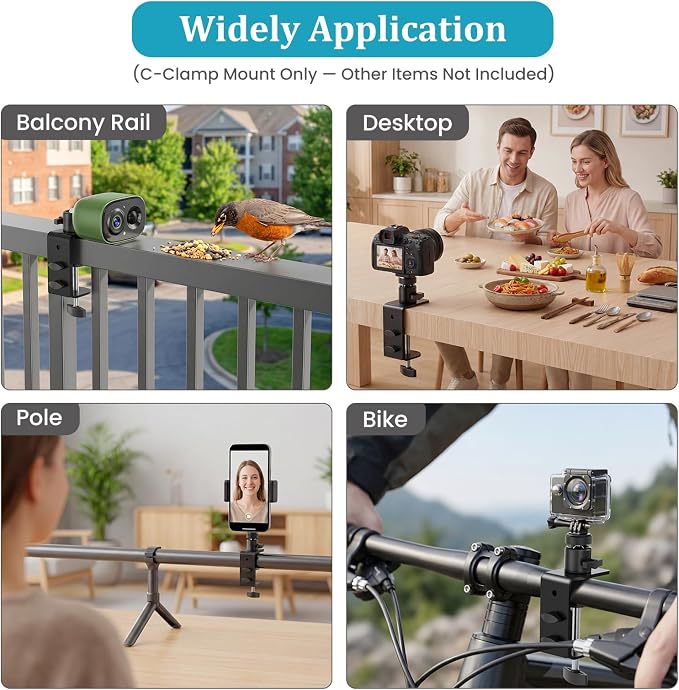 C-Clamp Mount with 360 Degree Ball Head & 1/4 Screw Adapter for Camera | Compatible with Go Pro, Ring, Google Nest, Wyze, and Arlo, Fits Desk/Railing/Branch/Handlebar, Metal, Black (60mm) - Image 6