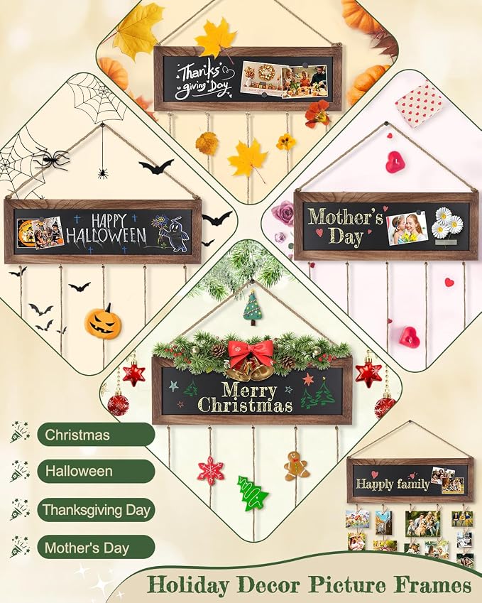 Bikoney Picture Frames Collage Photo Hanging Display with Chalkboard | Rustic Wood Polaroid Board with 30 Clips, Multi Photo Hanging Display, Carbonized Black Finish, Easy Wall Mount - Image 4