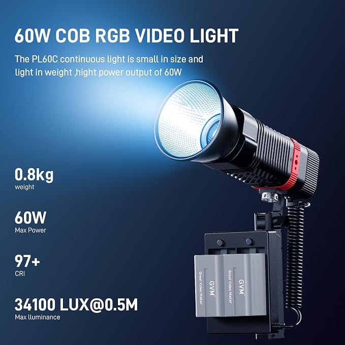 GVM PL60C RGB COB LED Video Light, 60W Portable Photography Studio Light, 2700K-6800K Full Color Output, CRI97+, App Control, 16 FX Effects for Photography, YouTube, Filmmaking & Content Creation - Image 3