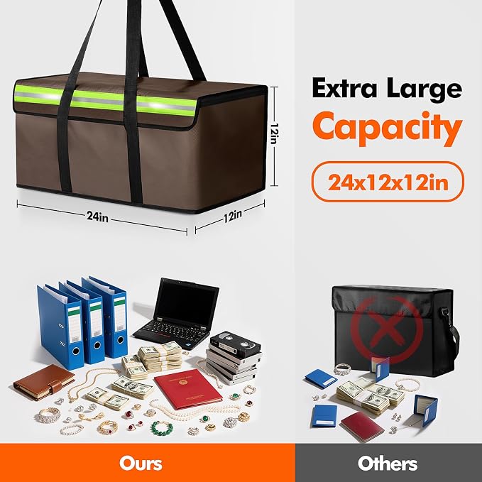 Large Fireproof Document Bag for Home Safe Storage, 24 x 12 x 12in, Brown | 2000°F Fireproof document box, 4-layer fiberglass important document storage for photo, file and cash with reflective strip - Image 2