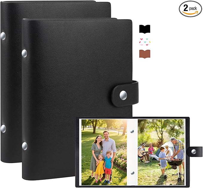 2 Pack Small Photo Albums 5x7 Pictures, 104 Photos Total, Black | Leather Cover, Buckle Design, Acid-Free Pages, Top-Loading Pockets, Compact Carry, Photos Postcards & Artwork by Xfveiwoo