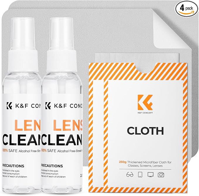 K&F CONCEPT Lens Cleaner Spray Kit,Microfiber Cloth X2,Glasses Cleaner X2 | 60ml Mild Cleaning Liquid,High Density Cloths,Individually Packaged,Washable & Reusable,For Eyeglasses,Screen,and Camera,MK01 by KFCONCEPT