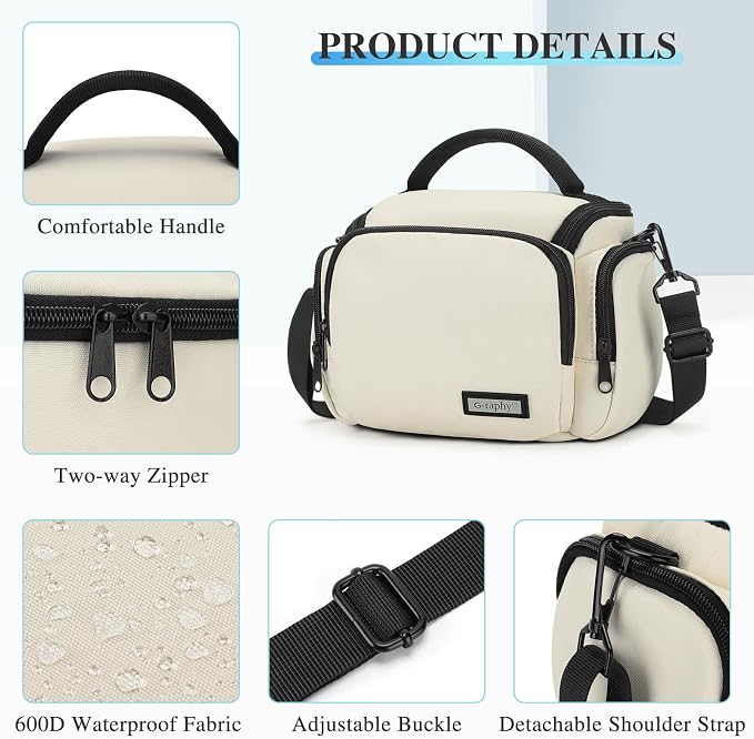 G-raphy Camera Bag Case Compact Lightweight Shoulder Crossbody Sling Photography Bags for Nikon Canon Sony DSLR SLR Mirrorless with Removal Straps (Beige) - Image 8