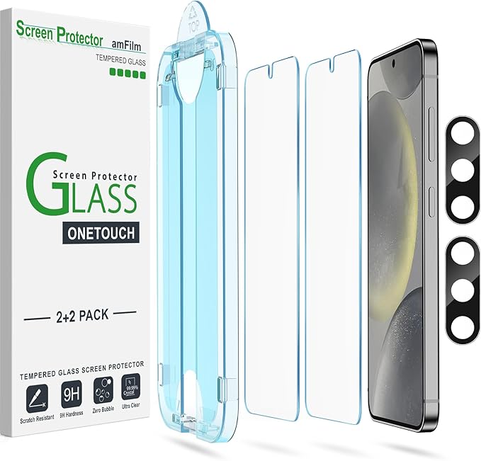amFilm OneTouch for Samsung Galaxy S24 Screen Protector 6.2" Tempered Glass | Auto-Alignment, 30s Install, Bubble Free, Scratch & Drop Protection, HD Clear, Camera Lens Protector, 2+2 Pack (S24-6.2'') by amFilm