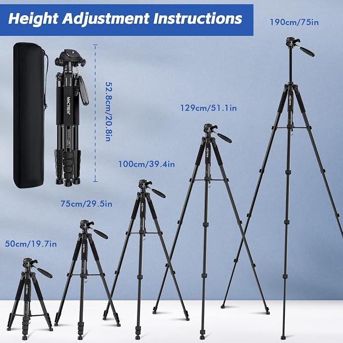 MACTREM 75in Aluminum Lightweight Travel Tripod for DSLR Camera Phone iPad | 3-Way Head 360° Rotation. With Phone iPad Mount, Bluetooth Remote. Stable Aluminum Stand for Video & Photography. - Image 2