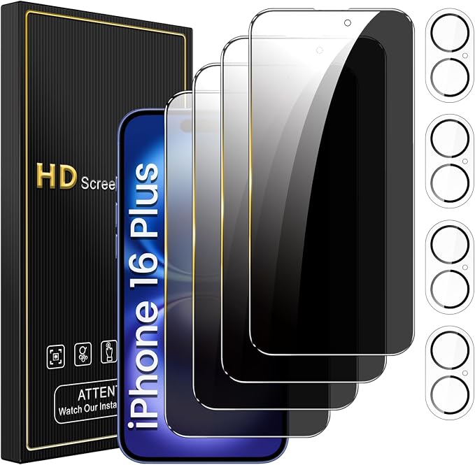 Romkasi 4 Pack Privacy Screen Protector for iPhone 16 Plus 6.7 Inch with 4 Pack Camera Lens Protector, Anti Spy Tempered Glass Film, Anti-Scratch, Touch Sensitive, Case Friendly by Unknown