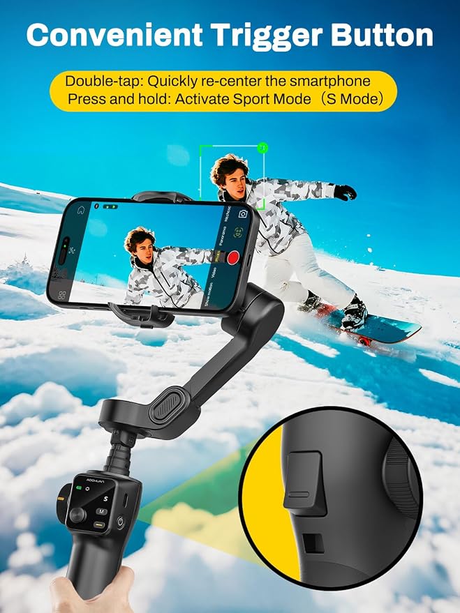 AOCHUAN Gimbal Stabilizer for iPhone w/Bluetooth Remote, 3-axis Phone Stabilizer w/7.8” Extension Rod, AI Face Tracking Smartphone Gimbal, Gesture Control for Video Shooting - Smart V8 Kit Black - Image 6