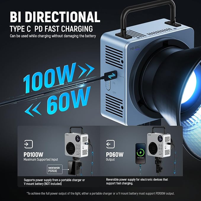 NEEWER HB80C RGBWW LED Video Light with Built-in 72Wh Battery & 100W PD Fast Charging, 80W Mini RGB COB Continuous Output Lighting Bowens Mount Handheld Spotlight 2500K-7500K, 10400lux/m, 18 Effects - Image 4