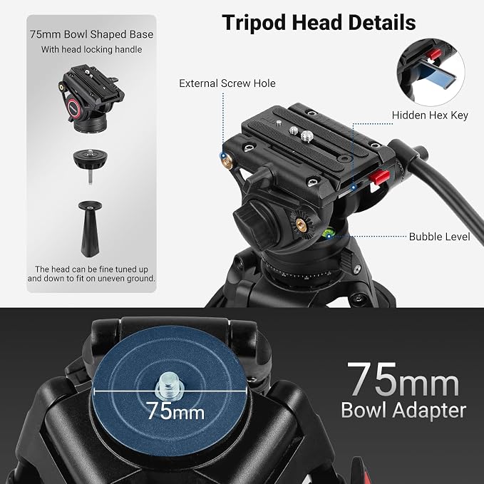 NEEWER 74" Video Tripod with Fluid Head, QR Plate , Aluminum Heavy Duty Camera Tripod Professional for DSLR Cameras Camcorders, Max Load 17.6lb/8kg, TP74 - Image 7