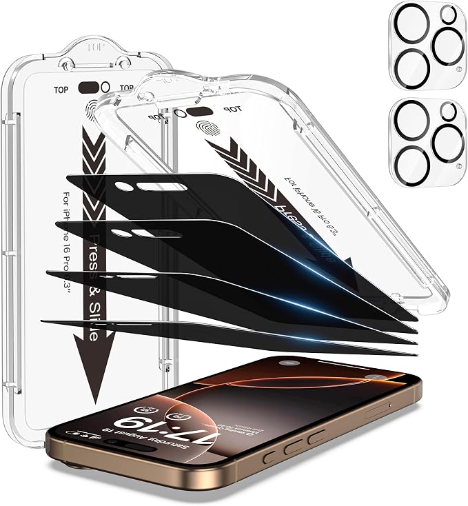 EZ-GLAZ-4+2 Pack for iPhone 16 Pro Privacy Screen Protector (6.3") | 2-Pack Lens Protectors, Alignment Kit, Easy Installation, 9H+ Tempered Glass, Scratch Resistant, 28° Privacy Protection by EZ-GLAZ