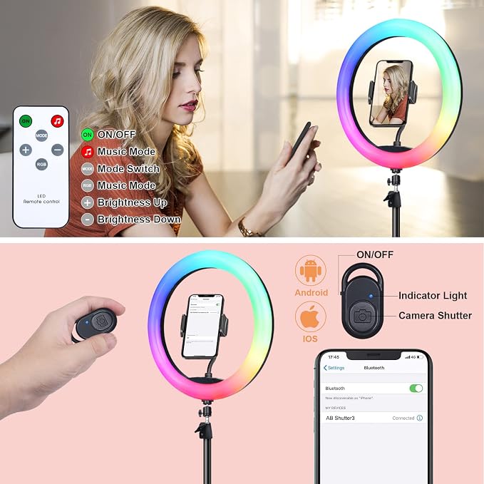 10" Selfie Ring Light with 73" Tripod Stand & 1 Phone Holder, LED Camera Ringlight with 48 RGB Colors Modes & Musical Rhythm Mode and 12 Brightness Dimmable for TikTok/Makeup/Photography/Vlog - Image 8