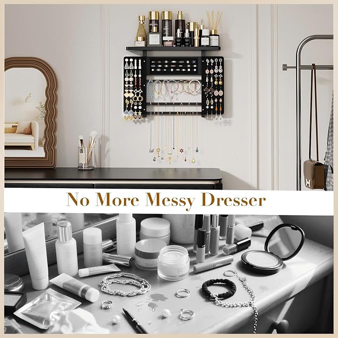 Emfogo Jewelry Organizer Hanging Wall Mounted Jewelry Holder, 5-in-1 Large Capacity Necklace Organizer Wall Display for Ring, Necklaces, Bracelets, Earrings(Black) - Image 5