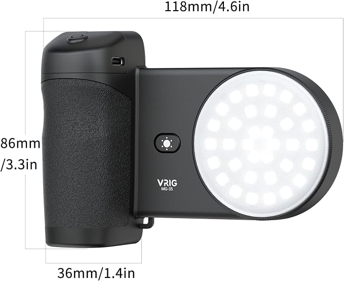 VRIG MG-35 Magnetic Phone Camera Grip for iPhone/Android with Detachable Wireless Shutter Remote,Three-Gear Adjustable Fill Light, 1/4" Tripod Screw - Comfort Ergonomic Camera Grip Handle Holder - Image 8