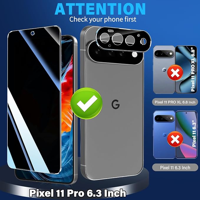 3 Pack Privacy Screen Protector for Google Pixel 11 Pro Tempered Glass + 2 Pack Camera Lens Protector, True 25°Anti Spy, 9H Hardness, Fingerprint Unlock, Case Friendly Bubble-Free 6.3 Inch - Image 2