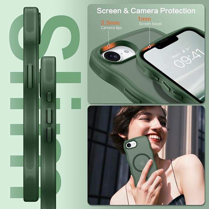 BENTOBEN Magnetic for iPhone 17e Case,Cute Wavy Frame [Compatible with MagSafe] Translucent Matte Anti-Slip Bumper Women Girls Boys Men Shockproof Drop Protective Phone Cover for iPhone 17e,Green - Image 4
