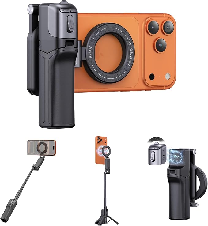 [3 in 1] Magnetic Phone Camera Shutter Grip, Extendable Selfie Stick & Tripod Portable for Magsafe iPhone & Android with Detachable Wireless Shutter Button Remote Control Ergonomic Handle - Black by JOYYE