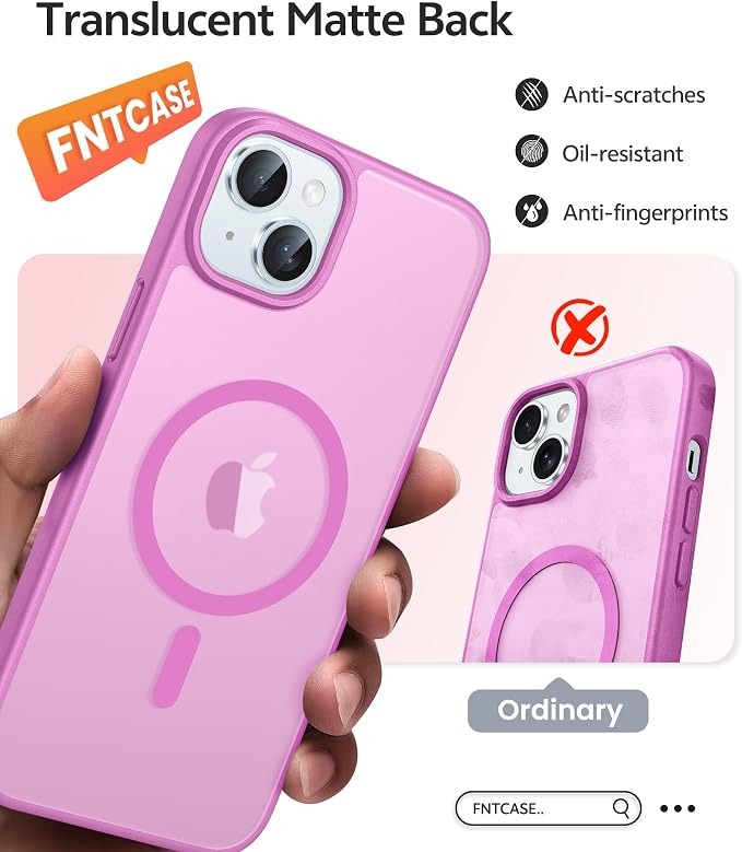 FNTCASE for iPhone 15/14/13 Case, Fit for Magsafe, Glass Screen Protector | Translucent Matte, Magnetic Phone Cases, 14FT Military Grade Drop Protection, Slim Shockproof Protective Cover, Pink - Image 6