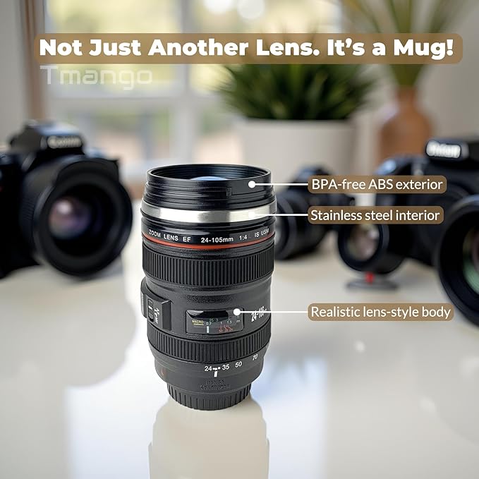 Camera Lens Coffee Mug with Clear Lid and Spoon – Lightweight Lens Cup Replica, Gift for Photographers - Image 4