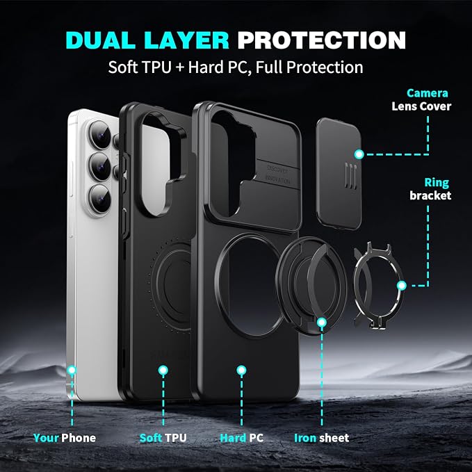 for Samsung Galaxy S26 Ultra Case, with Slide Camera Cover for S26 Ultra Case, Heavy Duty Shockproof Protective Case for Samsung S26 Ultra with Built-in Rotated Ring Kickstand, Black - Image 7