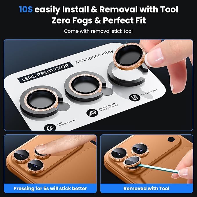 WSKEN for iPhone 17 Pro/iPhone 17 Pro Max Camera Lens Protector | Original Shooting Mode, Individual Metal Cover Film, Shatterproof HD Tempered Glass Camera Screen Protector, Glitter Orange - Image 6
