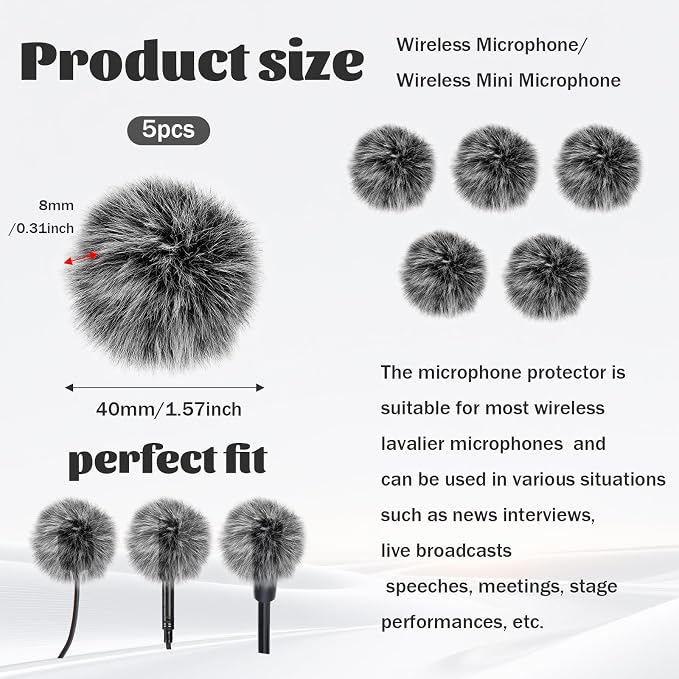 Mini Wireless Furry Windscreen Covers, 5 Pcs Furry Windscreen Muff Lavalier Microphone Wind Screen Muffs Pop Filter Noise Reduction for Wind and Ambient Noise Improve Mic Audio Quality (Grey) - Image 2