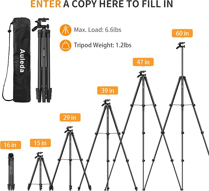 60″ Camera Tripod Lightweight Travel Stand for Canon Nikon Phone | with Wireless Remote Phone Holder and Bag Max Load 6.6 LB Black - Image 4