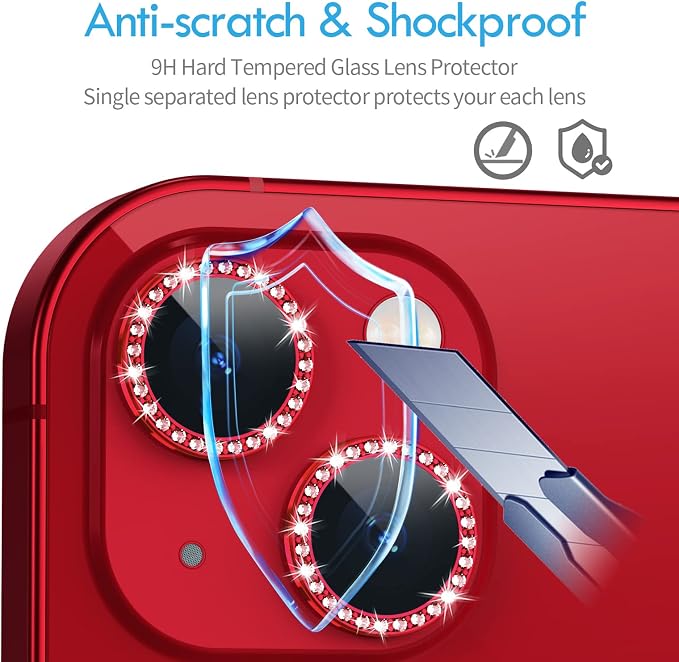 for iPhone 13/13 Mini Camera Lens Protector Bling Diamond, Red | Individual Metal, 9H Hardness, Scratch Resistant, Shockproof, Drop Protection, Case Friendly, Stylish Accessories - Image 3