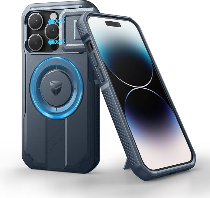 Dexnor for iPhone 14 Pro Case with Slide Camera Cover & Adjustable Kickstand, Compatible with MagSafe, Rugged Shockproof Bumper Cases Heavy-Duty Magnetic Protective Cover,6.1 inch,Navy Blue by Dexnor
