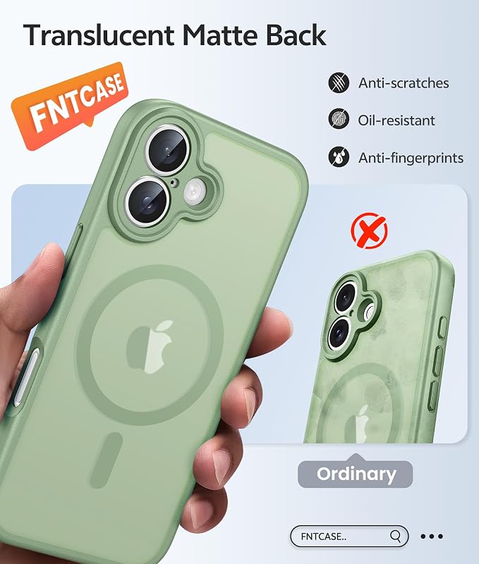 FNTCASE for iPhone 16 Plus Case, Fit for Magsafe, Screen Protector | Full Camera Protection, Translucent Matte, 14FT Military Grade Drop Proof, Shockproof Protective Phone Cover，Light Moss - Image 6