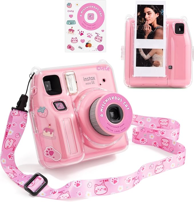 Fuji Mini SE Clear Case, Hard PC Protective Case for Instax Mini SE Instant Camera with Cute Cartoon Sticker & Adjustable Shoulder Strap - Pink Hey Cat by HIYQIN